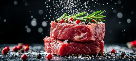 Wall Mural - Two Juicy Raw Beef Cubes Seasoned with Salt, Peppercorns, and Fresh Rosemary on a Black Background.