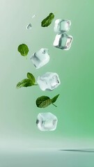 Poster - Ice cubes and mint leaves are levitating on a pastel green background, creating a refreshing and cool visual, perfect for summer themed projects or drink advertisements