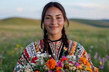 Wall Mural - A young woman in a beautifully embroidered traditional dress stands proudly in a field of wildflowers, holding a lush bouquet that reflects her cultural heritage.