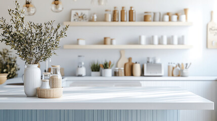 Aufkleber - A modern kitchen with minimalistic design, featuring a clean countertop with plants and jars, shelves with natural wooden containers, symbolizing simplicity and elegance in home decor.