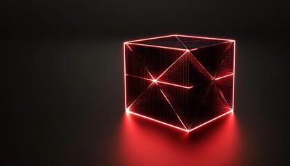 Poster - Abstract wire mesh design cube with red lights 3d render illustration 

