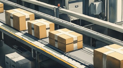 Poster - A conveyor belt transports neatly stacked cardboard boxes in a warehouse setting, highlighting logistics and distribution processes.