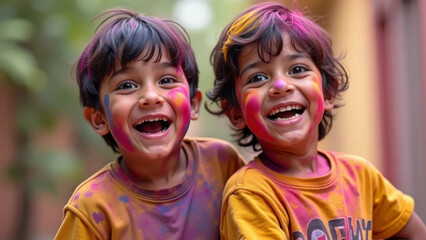 joyful indian children celebrate holi with vibrant colors in a street, embracing friendship and fest