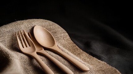 A wooden fork and spoon are on a cloth