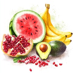 Wall Mural - Juicy watermelon, bananas, pomegranate, avocado still life. Food blog, recipe website