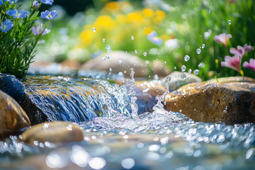 Aufkleber - close-up shot of water splashing over rocks in a stream surrounded by colorful flowers, capturing th