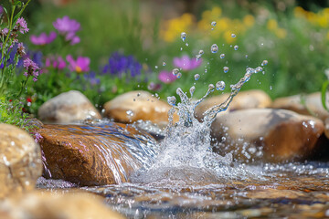 Aufkleber - close-up of a vibrant garden stream with splashing water and blooming flowers, showcasing natural be