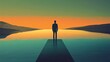© Tyrah - Silhouetted figure standing on a dock at sunset, reflecting on calm waters and distant hills