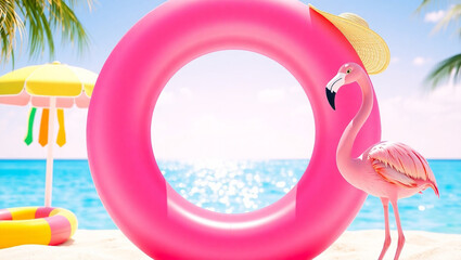 Poster - Pink Flamingo and Inflatable Ring on Beach