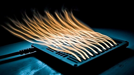 Poster - abstract image of glowing energy streams emanating from a dark, metallic device. perfect for tech, e