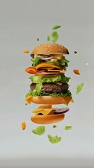 Poster - Juicy beef patty. Melted cheese. Crisp lettuce. And toasted buns are exploding in a visually appealing display. Showcasing the delicious components of a classic burger against a simple grey backdrop