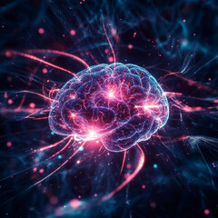 Aufkleber - A glowing brain surrounded by cosmic neon light trails, symbolizing cognitive processes, neural connections, and advanced mental activity in a digital and futuristic setting.