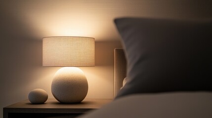 Wall Mural - A lamp is lit up on a table next to a pillow