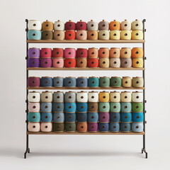 Leinwandbilder - Colorful yarn spools neatly arranged on wooden shelves, symbolizing creativity, organization, and textile art in a minimalistic display.