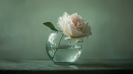 Wall Mural - Single pale pink rose in a clear glass vase on a wooden surface against a muted green background.