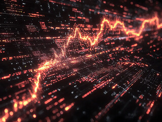 Poster - Abstract glowing orange data stream with dynamic stock market graph.  Perfect for illustrating technology, finance, big data, AI, or futuristic concepts.