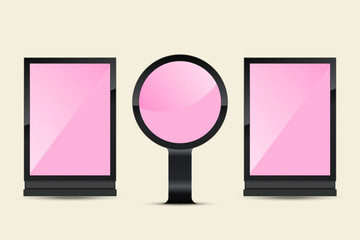 Aufkleber - Three differrent circular and rectangles digital screens with a glossy pink surface, encased in a sleek black frame. It is mounted on a black stand, giving it the appearances.