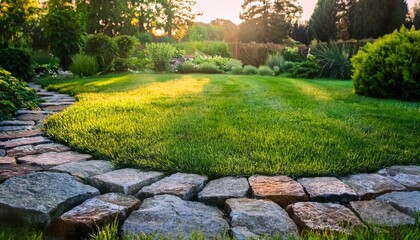 Garden Landscaping with Stone Border and Lush Green Lawn 