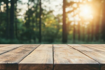 Poster - Empty wooden table presenting blurred forest in background with warm morning sunlight