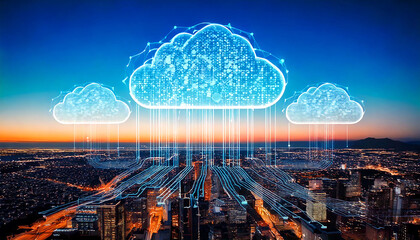 Poster - Stunning aerial view of a city at sunset, overlaid with a futuristic digital cloud network.  Illustrates concepts of data transfer, cloud computing, and smart city technology.