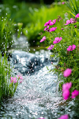 Poster - Close-up of water splashing in a vibrant garden with pink flowers and green grass, symbolizing freshness, nature's beauty, and tranquility.