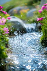Aufkleber - Close-up of water splashing in a colorful garden with pink flowers, green grass, and rocks, representing freshness, harmony, and the beauty of nature.