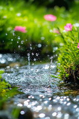 Poster - Close-up of water splashing in a vibrant garden with green grass and pink flowers, symbolizing freshness, vitality, and the beauty of natural landscapes.