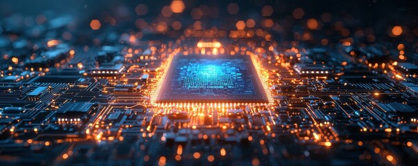 Poster - Futuristic glowing circuit board with a central microchip illuminated