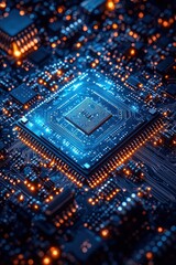 Poster - Close-up of a glowing blue microchip on a detailed circuit board