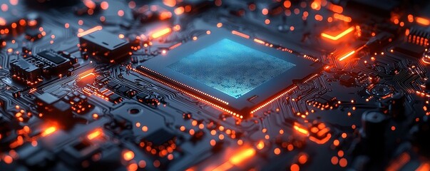 Poster - Futuristic Circuit Board Showcasing Glowing Microchip Technology in Detail