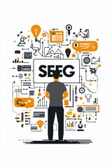 Poster - Business professional analyzing data surrounded by infographics and network elements