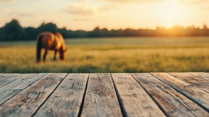 Poster - Empty wooden table with horse grazing in pasture at sunset