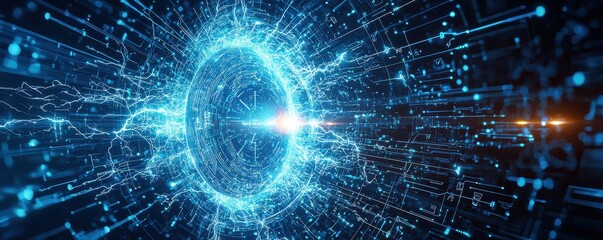 Poster - Digitally rendered abstract glowing blue energy vortex with light and particles