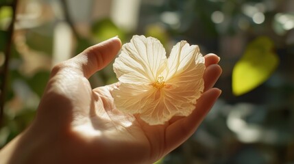 Wall Mural - Hand holding a delicate, pale yellow hibiscus blossom in sunlight.