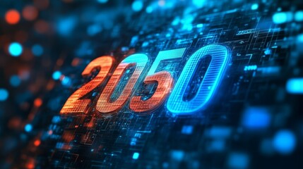 Poster - 2050 Glowing Digital Number Future Technology Abstract Background with Circuitry Blue Red Light