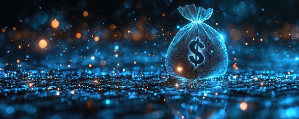 Poster - Digital money bag symbolizing wealth and finance with futuristic design