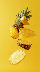 Aufkleber - Whole pineapple is levitating and splashing on a vibrant yellow background, with several slices cut and suspended in mid air, creating a dynamic and refreshing visual