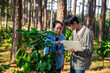 © doidam10 - Harvest coffee bean ripe Red berries typing laptop computer check quality control plant coffee tree. Smart farmer using laptop in green coffee farm sustainable quality control agriculture technology