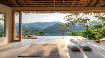 Poster - A serene, minimalistic interior with large windows showcasing a stunning mountainous landscape bathed in warm sunlight