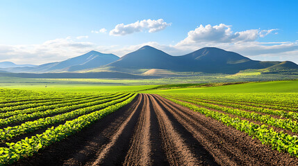 Aufkleber - A vibrant landscape featuring lush fields and majestic mountains under a clear blue sky