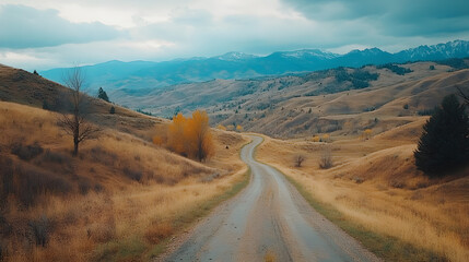 Poster - A winding dirt road meanders through golden grasslands, framed by distant mountains under a cloudy sky, creating a serene and picturesque landscape