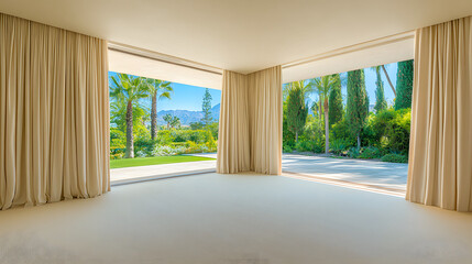 Poster - A bright, spacious room with large windows and flowing curtains, offering a scenic view of lush greenery and outdoor surroundings