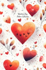 Wall Mural - Seamless Valentine's Day pattern featuring decorative hearts and leaves