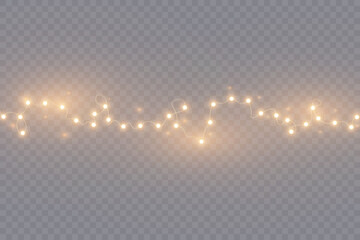 Aufkleber - Bright garlands with a golden glow. Christmas lights for holiday illustrations. Garlands of yellow lights glow on a transparent background. Festive chain of lights.