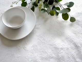 Poster - Elegant lacelike table setting with intricate details modern dining space photography soft and calming atmosphere
