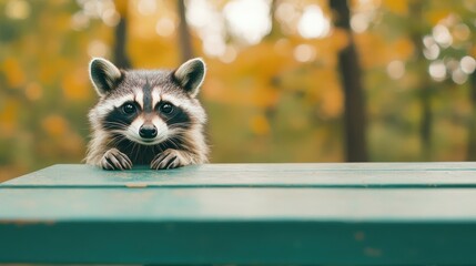 Aufkleber - Curious raccoon peeking over the edge of a picnic table in the woods