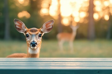 Aufkleber - Curious deer peeking over picnic table in woodland