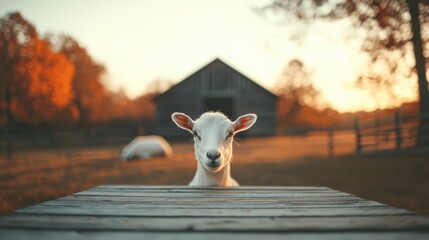 Poster - Curious goat peeking over wooden table at sunset on a farm
