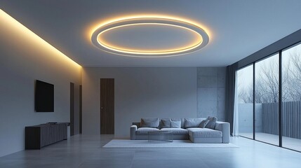 Aufkleber - In a spacious and stylish living room, a sleek circular ceiling light fixture casts a warm glow, complementing the minimalist decor. Large windows allow natural light to blend seamlessly
