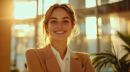 Poster - In a bright, sunlit office, a businesswoman radiates positivity as she engages with her colleagues. This warm moment captures the essence of teamwork and collaboration